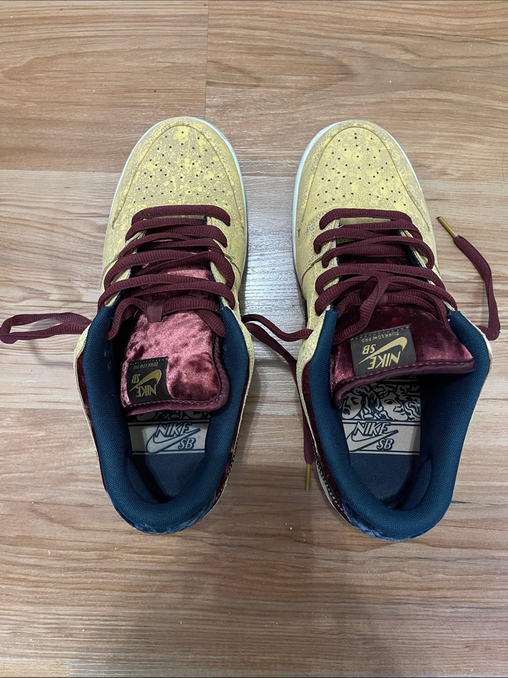 Nike SB Sneakers in Mustard Yellow and Burgundy Velvet
